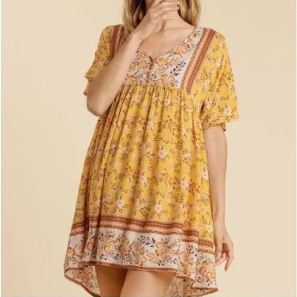 Umgee Women’s Yellow Floral Dress. Size 2XL. Pockets Hi-lo Summer Casual Beachy